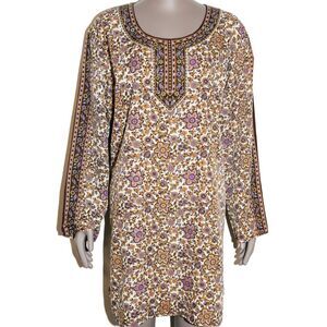 Boho Floral Sparkle Long Sleeve Short Dress Casual Womens Size Large